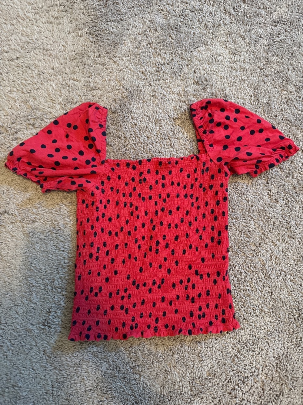 Anthropologie Dolan Red and Black Puff Sleeve Polka Dot Smocked Top Size XS